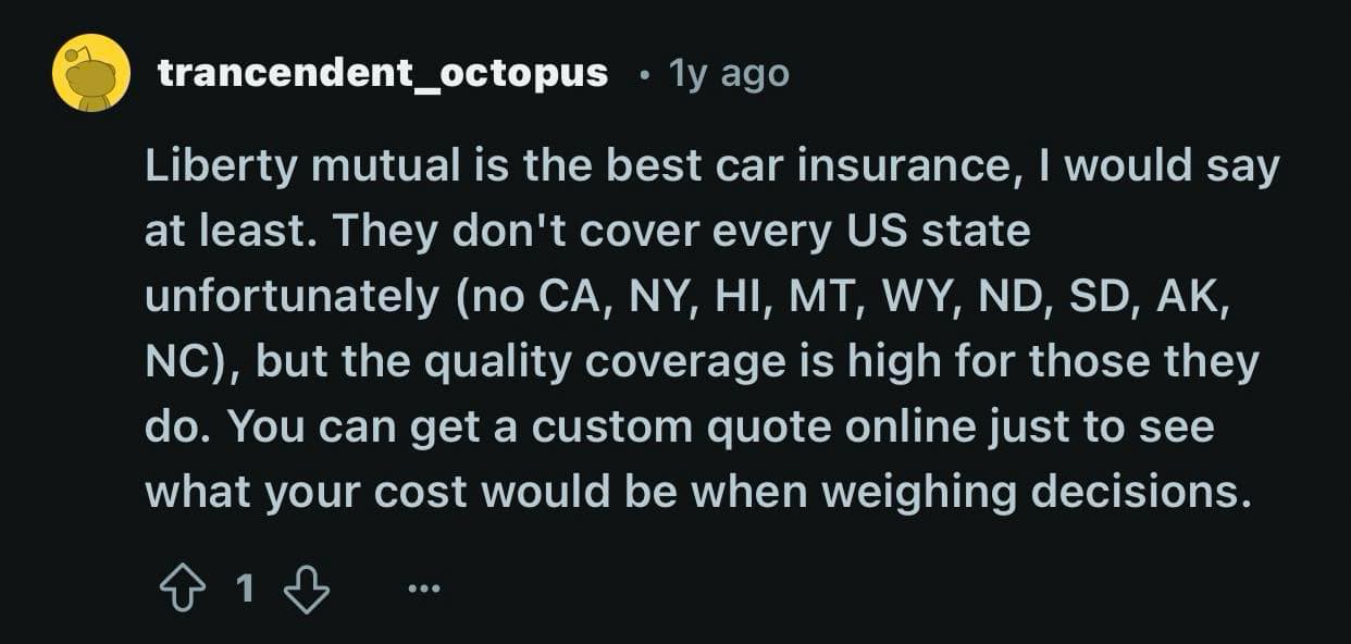 Reddit user, claims Liberty Manual is one of the best car insurance in Missouri