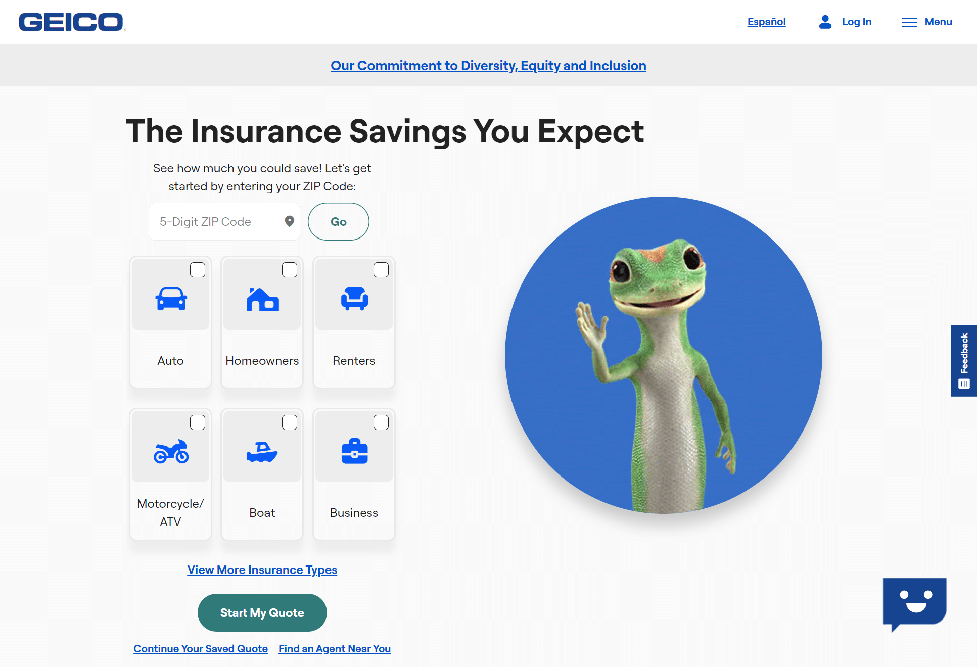 Best Car Insurance in Texas: Geico Screenshot HomePage