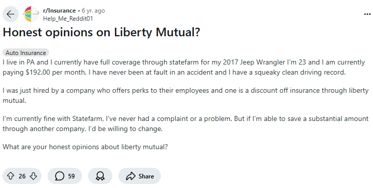 American Family vs. Liberty Mutual Car Insurance: Liberty Mutual Reddit Review Screenshot