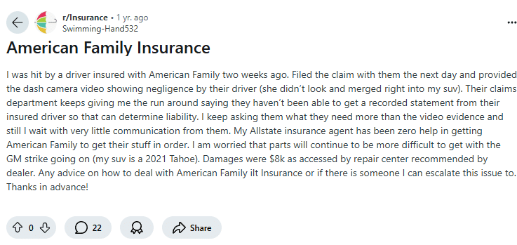 American Family vs. Liberty Mutual Car Insurance: American Family Reddit Review Screenshot