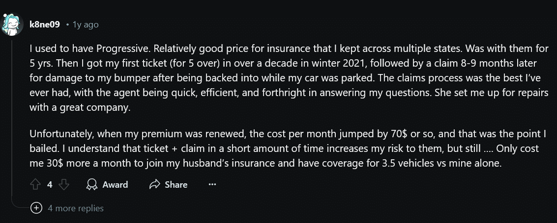 Reddit screenshot: Progressive car insurance review
