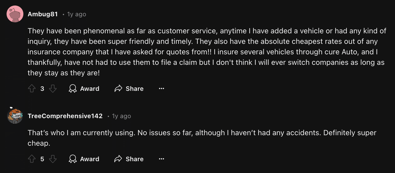 CURE Car Insurance Review: Reddit Screenshot